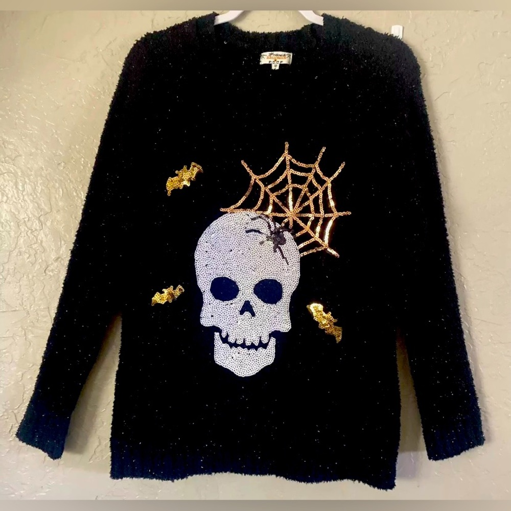 Happy Halloween Poof Skull Spiderweb Sequin Halloween Party Sweater Size M